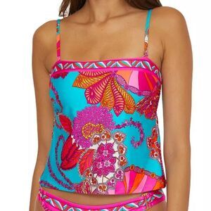 Trina Turk Swim Meilani Border-Print Tankini Top in Blue/Pink Multi. Sz 4. NWT!